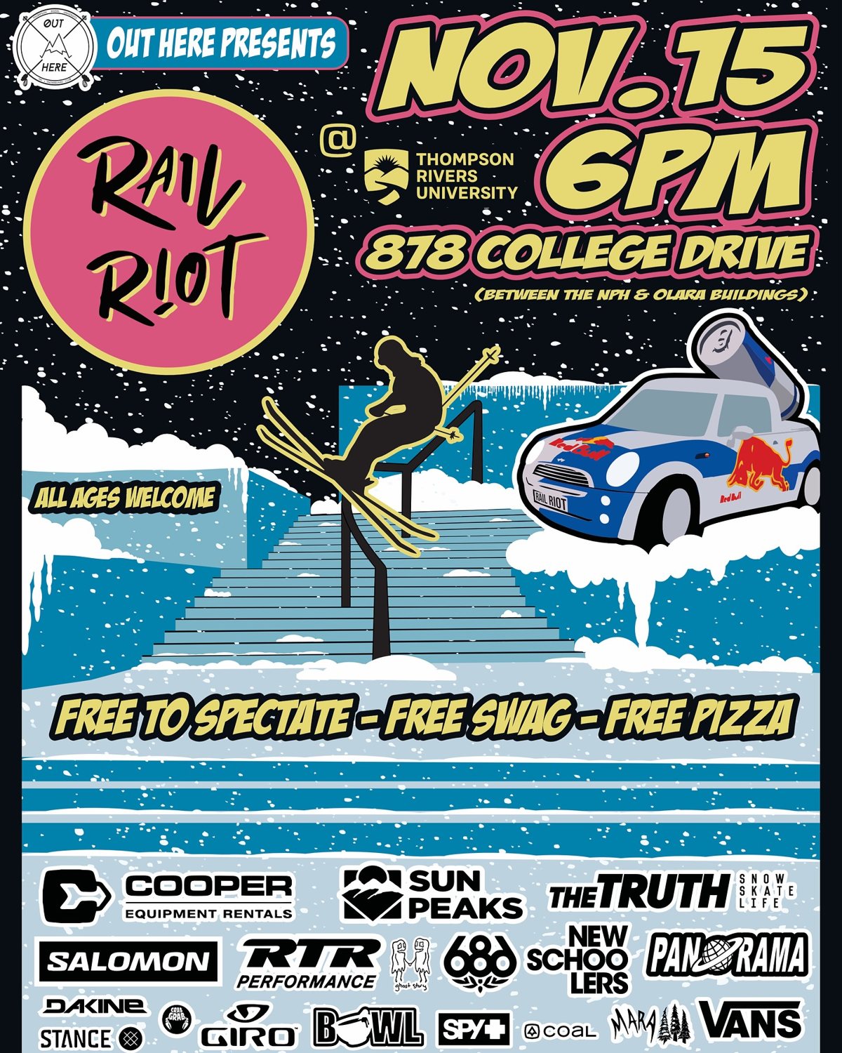 Rail Riot 2024 event poster — November 15 at 6pm, 878 College Drive between the NPH and OLARA buildings at Thompson Rivers University