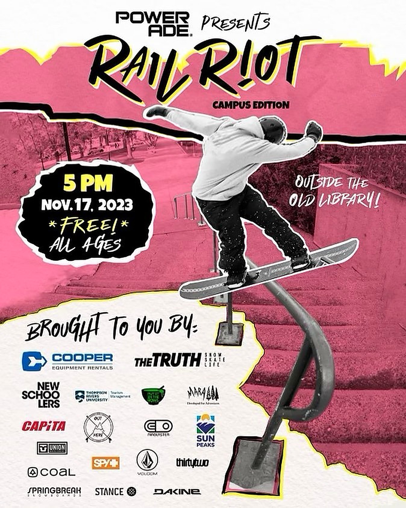 Rail Riot 2023 event poster — Campus Edition, November 17 at 5pm, free and all ages, outside the Old Library at Thompson Rivers University