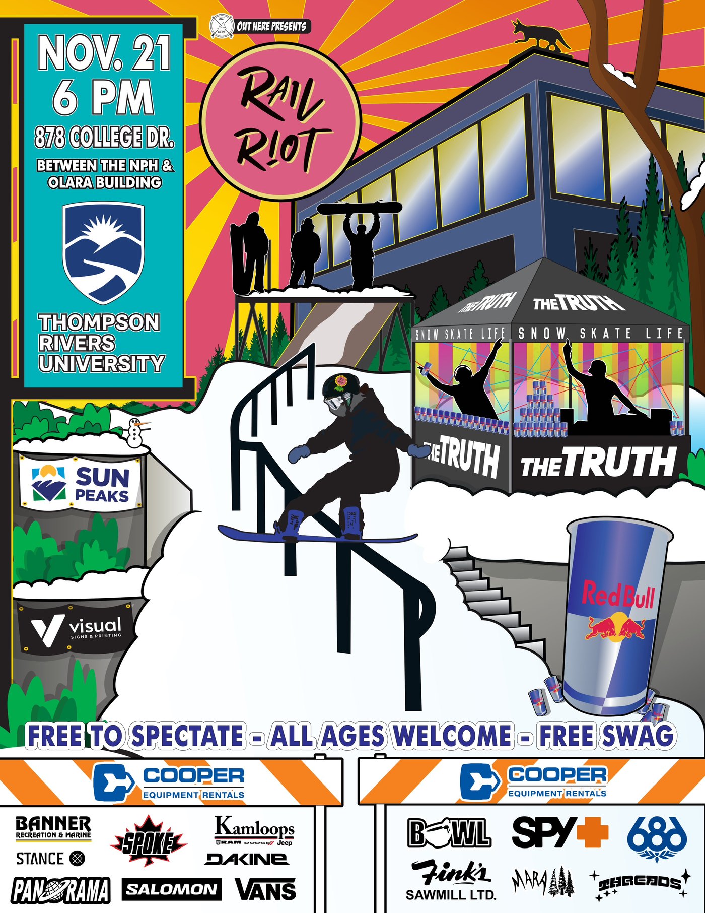 Rail Riot 2025 event poster — November 21 at 6pm, 878 College Dr. between the NPH and OLARA buildings at Thompson Rivers University